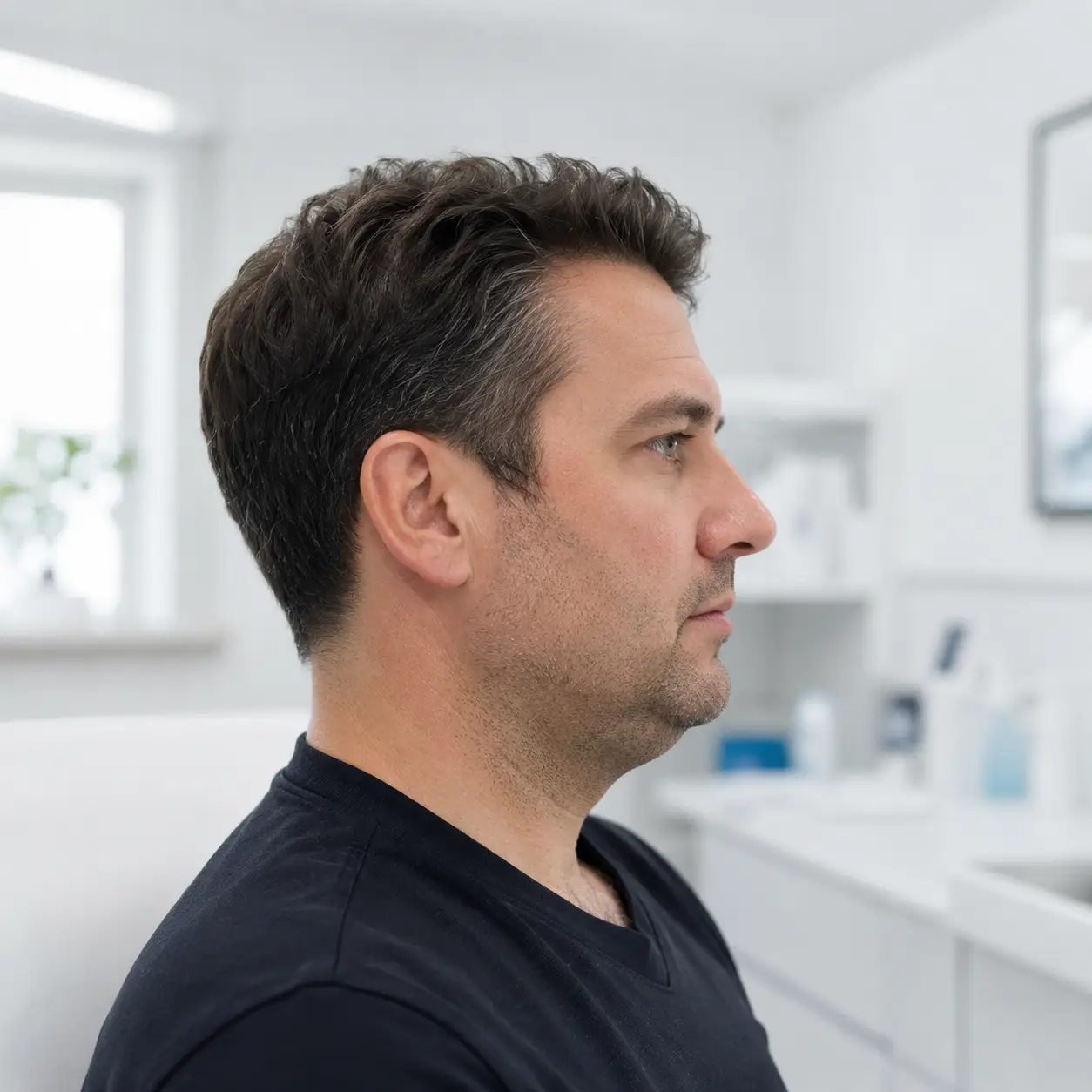 Mann mit definierter Kinnlinie nach Behandlung eines Doppelkinns